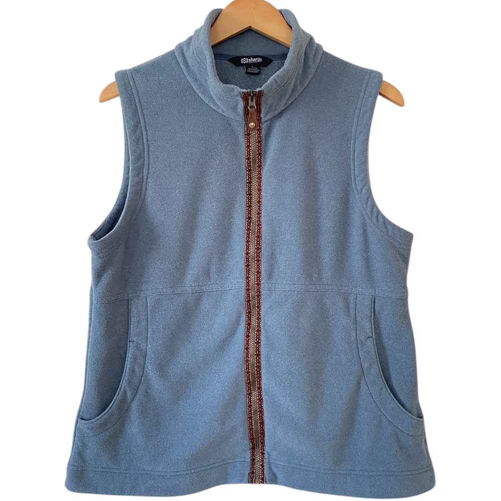 Sherpa Adventure Gear Blue Fleece Rolpa Eco Vest w/Embroidered Trim Sz L
